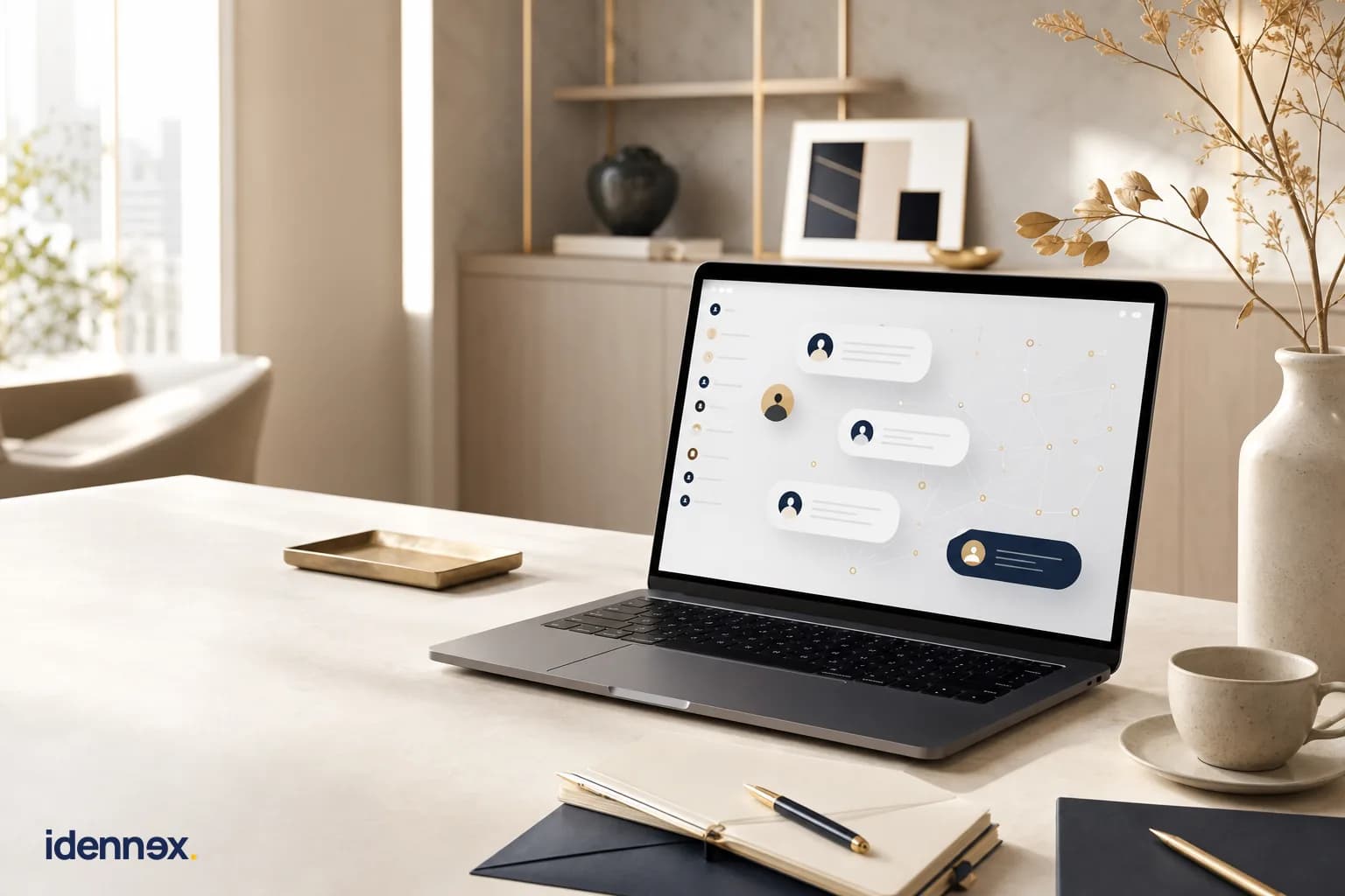 A professional B2B conversation workspace connected through a considered network